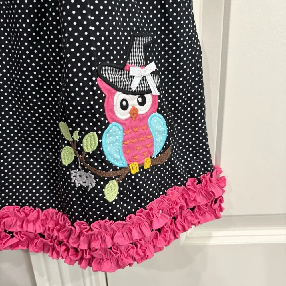 Stellybelly black and white polka dot short sleeve dress owl appliqué girls 6 GC